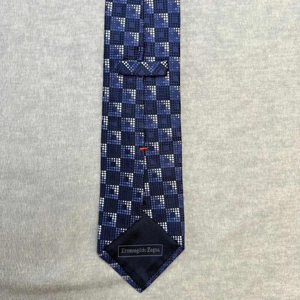 Ermenegildo Zegna Tie Mens Necktie Blue Geometric Squares Silk‎ Italy Made 58x4